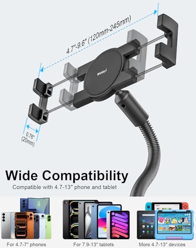 Gooseneck Tablet Holder for Wheelchair/Stroller/Golf Cart/Boat/Mic stand/Indoor Cycling Bike/Gym Bicycle Handlebar Clamp, Compatible with 4.7-13" iPad Pro/Air/Mini, iPhone, Galaxy, Fire HD, E-book