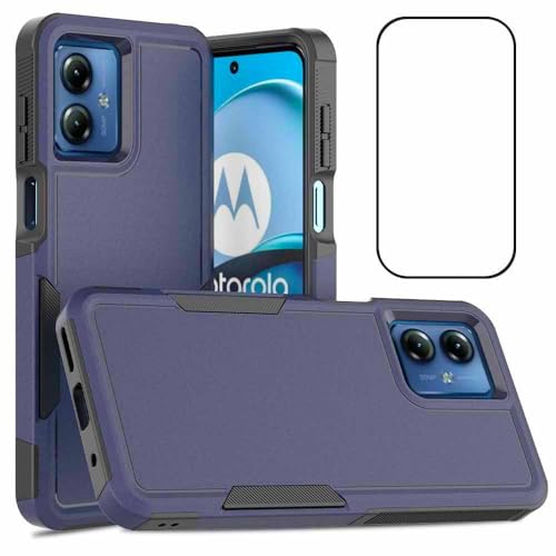 for Moto G14 Case Dual Layer Hard Shockproof Protective Case with Tempered Glass Screen Protector Heavy Duty Hybrid Full Body Anti-Scratch Anti-Slip Phone Cover Deep Blue - color: Moto G14 - Deep Blue