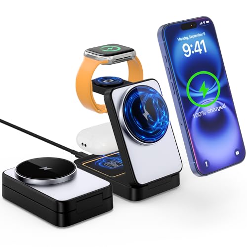 3 in 1 Wireless Charger Station for Multiple Apple Devices,Portable Magnetic Charging Foldable Stand for iPhone 16 15 14 13 12 11 ProMax/Airpods/Fast Travel Charger with MagSafe for Apple Watch Series