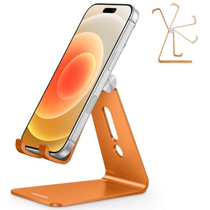 OMOTON Adjustable Cell Phone Stand, Aluminum Desktop Cellphone Stand with Anti-Slip Base and Convenient Charging Port, Fits All Smart Phones, Orange - color: Orange