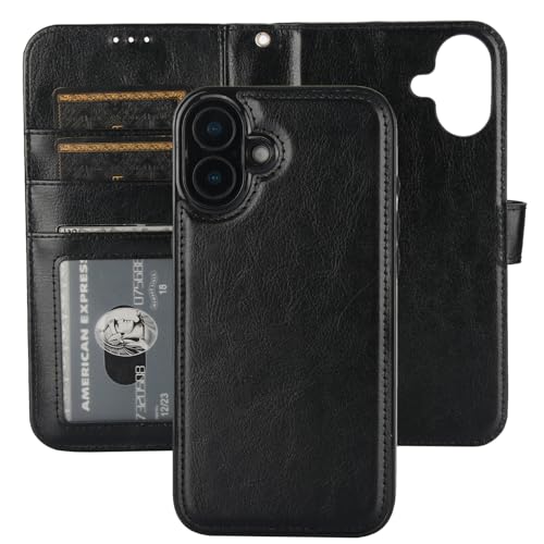 Bocasal Detachable Wallet Case Card Holder for iPhone 16 Plus, Black | RFID Blocking Kickstand Card Slots Holder PU Leather Magnetic Shockproof Wrist Strap Removable Flip Protective Cover 6.7 inch - color: Black