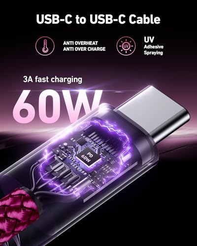 USB C to USB C Cable 60W [2Pack 3FT], USB C Fast Charging Cable for Car - color: Rose Red, size: 3FT, style: USB C to USB C