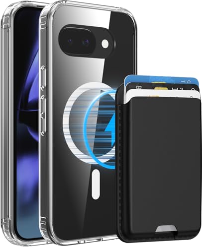Magnetic for Google Pixel 9A Wallet Case with Card Holder﻿ | Compatible with MagSafe, Shockproof Phone Cover with Detachable RFID Blocking Card Slot, Clear & Black - color: Clear with Black, size: Pixel 9A