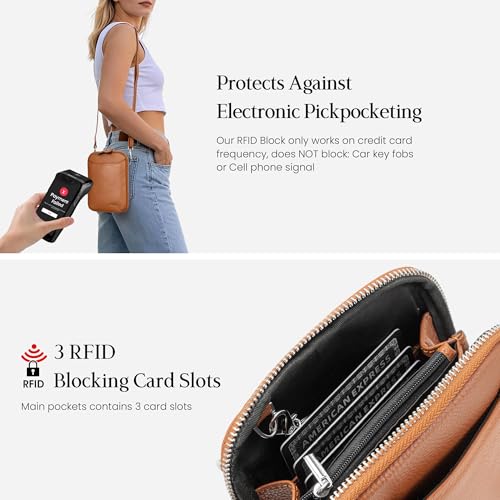 befen Genuine Leather Crossbody Cell Phone Purse for Women, Small Zip Around RFID Blocking Crossbody Wallet Bags - color: Cognac Brown