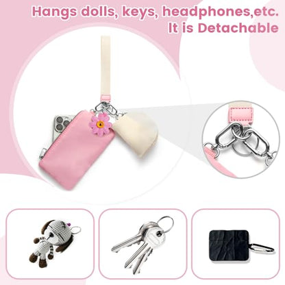Mini Zip Around Wristlet Wallet, Dual Pouch Keychain Coin Purse for Women | Phone wallet design, detachable pouches, waterproof nylon, zipper closure, card holder, travel and daily essentials organizer - color: Pink+White
