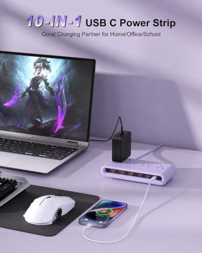 Power Strip with USB Port - 4AC & 6 USB(3USB C), Outlet Extender 5FT - color: Purple