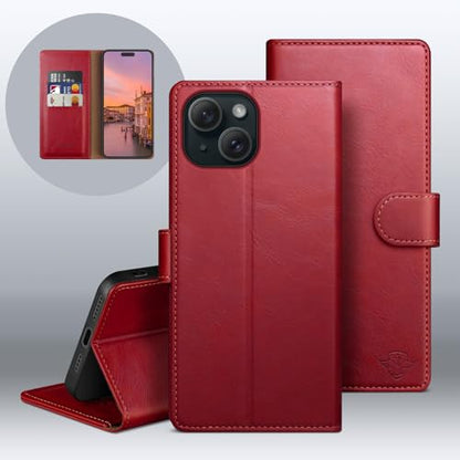 Wallet Case for iPhone 15 6.1", Red | RFID-Blocking Card Holder, Kickstand, Magnetic Closure, PU Leather Folio Flip Cover, Protective Women Men Cases - color: Red, size: iPhone 15