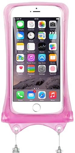 AquaVault Floating Waterproof Phone Pouch Case Universal for iPhone Android | Pink. Floats and keeps phones and cash dry. Heavy-duty PVC, drop protection, adjustable neck strap. Fits any phone size. - color: Pink