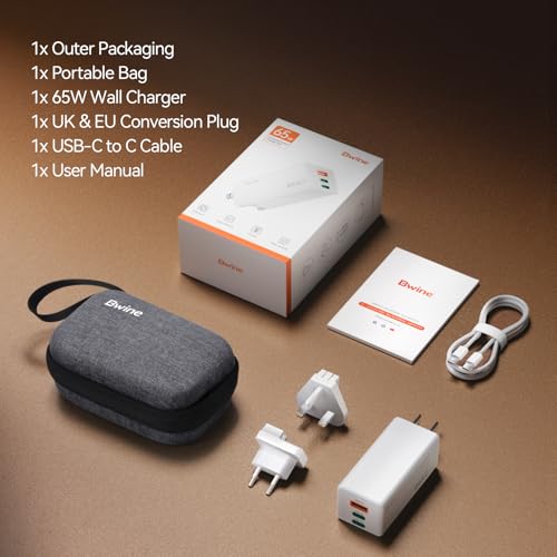 Bwine 65W USB-C Charger, 3-Port Universal Travel Adapter Charging Kit - color: White & Orange
