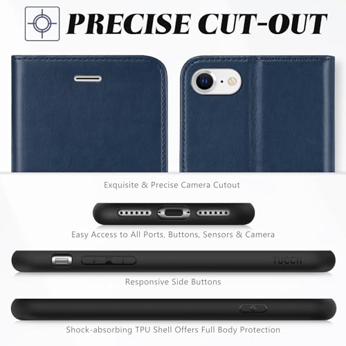 TUCCH Wallet Case for iPhone SE 2022/SE 2020/iPhone 8/7, Blue & Brown | 3 Card Holders, Kickstand, PU Leather, Shockproof TPU Shell, Magnetic Closure, Protective Folio Cover - color: Dark Blue & Brown