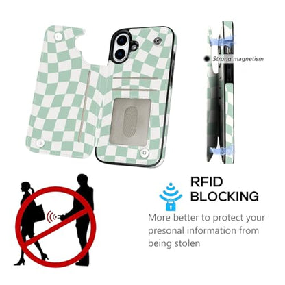 Compatible with iPhone 16 Case Wallet with Card Holder, Flip PU Leather Built-in Card Slots, Kickstand and Shockproof Case for iPhone 16 6.1 inch (Green Checkerboard) - color: Green Checkerboard, size: iPhone 16 6.1 inch