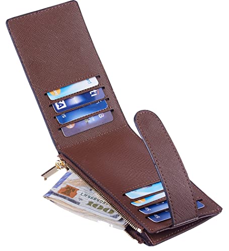 Chelmon Women's RFID Slim Card Holder Wallet | Thin Bifold Multi Card Case with Zipper Coin Pocket Purse for Women(Deep Brown) - color: Deep Brown
