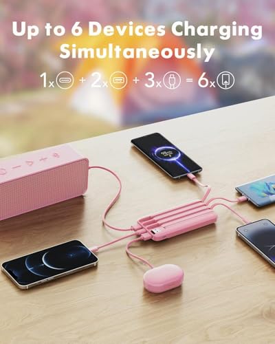 charmast Portable Charger with Built-in Cables X 4, Portable Phone Charger - color: Pink