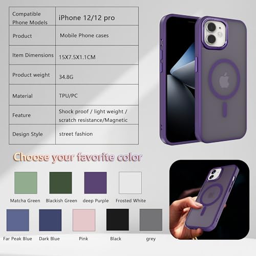 Magnetic iPhone 12/12Pro case,Compatible with Magsafe, Military-Grade Protection,Slim Translucent Matte Shockproof with Anti-Scratch Anti-Fingerprint Phone Cover (deep purple, iPhone 12/12Pro) - color: Deep Purple, size: iPhone 12/12Pro