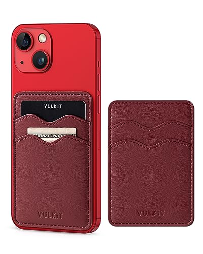 VULKIT Stick on Card Holder Compatible for iphone Leather Cell Phone Wallet Credit Card Case Strong Sticker for Women - color: Wine