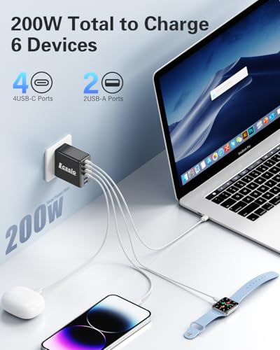 Lcssio 2 Pack 200W USB C Charger with 4 USB Cables, 6-Port Wall Charger - color: Black