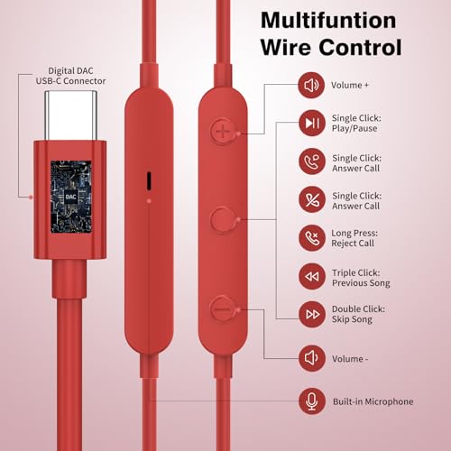 USB C Headphones for iPhone 18 Pro Max 17 16 15/Galaxy S26 FE Wired Earbuds - color: Red