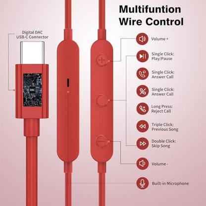 USB C Headphones for iPhone 18 Pro Max 17 16 15/Galaxy S26 FE Wired Earbuds - color: Red