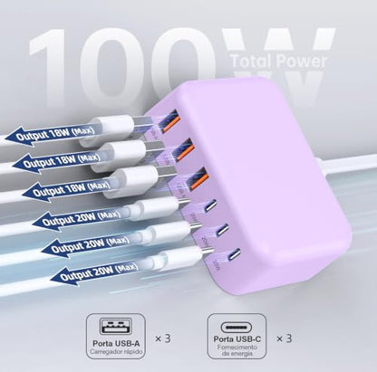 100W 6 in 1 USB Charger, 50% Smaller Charging Station for Multiple Devices - color: Light Purple