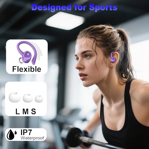 Hupoaf Wireless Earbuds Sport, 2025 Bluetooth 5.4 Headphones with Earhooks, 50H Stereo Deep Bass Over Ear Buds with 4 ENC Noise Canceling Mics, IP7 Waterproof Earphones for Running Workout Gym -Purple - color: D-Purple