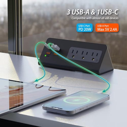 Upgraded,Desk Edge Clamp Mount Power Strips with USB Ports, PD20 W Fast Charging USB-C Port and 3 AC Outlets, Nightstand Charging Station,Office Tabletop Accessories,5.6 Ft Extension Cord - size: 1-Pack