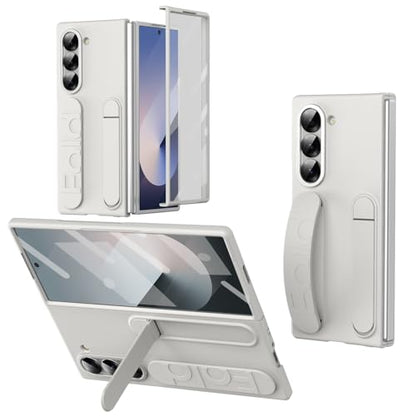 for Samsung Galaxy Z Fold 6 Protect Case with Wristband Stand,Bulit-in Screen & Lens Protection Shockproof Full Body Drop Fall Protection.(White) - color: White