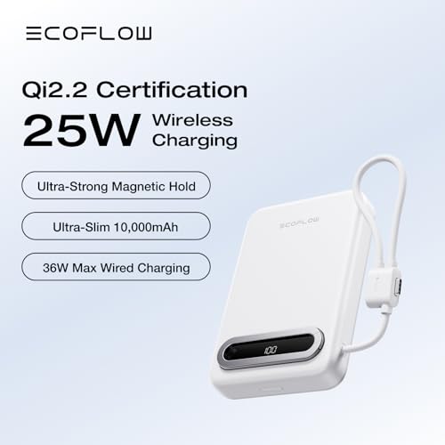 EF ECOFLOW Rapid Mag Power Bank, Qi2.2 25W MagSafe-Compatible Portable Charger, 10,000mAh Magnetic Power Charger with Built-in USB-C Cable and Foldable Stand, for iPhone 17/16/15 - color: White