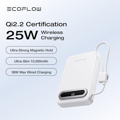 EF ECOFLOW Rapid Mag Power Bank, Qi2.2 25W MagSafe-Compatible Portable Charger, 10,000mAh Magnetic Power Charger with Built-in USB-C Cable and Foldable Stand, for iPhone 17/16/15 - color: White
