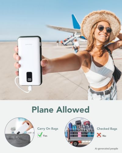 charmast Portable Charger Power Bank Built in Cables,10000mAh Battery Pack | with AC Wall Plug,LED Display & 5 Outputs,Travel Camping Essentials Slim External Phone Charger for iPhone,Samsung,Android - color: White