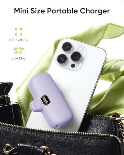 Kuulaa Portable Charger with Built-in Lightning Cable 5000mAh Small iPhone Fast Charging Mini Portable Phone Charger for iPhone 14/13/13 Pro/12/12 Pro/11/XR/XS/X/8/7/6, Purple - color: Purple