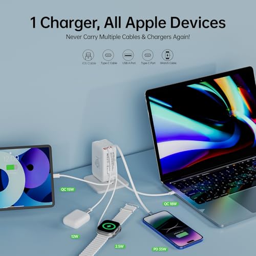 5-in-1 Retractable Apple Watch Charger, 35W Travel Wall Charger - color: Peal White