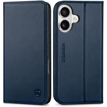 SHIELDON Genuine Leather Case Wallet for iPhone 17 6.3" 2025, Navy Blue | Flip Magnetic Cover, RFID Blocking, Credit Card Slot, Kickstand, Book Design, Soft Shockproof Phone Shell - color: Navy Blue