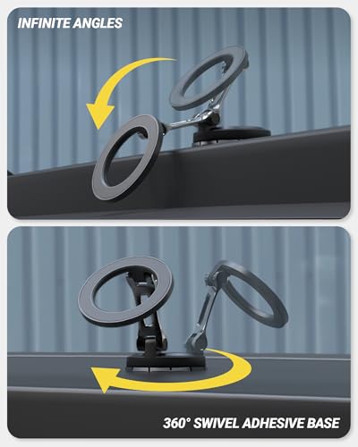 Scosche MagSafe Car Mount, Magnetic Phone Holder for Car Dashboard & Windshield with Foldable Arm, Adhesive Swivel Base with 360° Rotation, Compatible with iPhone 17/16/15/14/13/12 and PopSockets