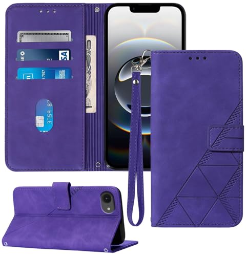 Flip Wallet Case for iPhone 17e/16e, Wrist Strap, Purple | Embossed PU Leather, Detachable Wrist Strap, Card Slots, TPU Inner, Cash Pocket, Magnetic Closure, Stand, Precise Cutouts - color: Purple