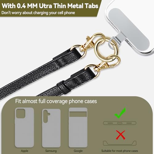 Clip and Go Phone Strap Crossbody Wrist 2 in 1 Leather Lanyard with Tether Hanging Loops Adjustable Anti-Theft Purse Replacement Handbag Long Thin Shoulder Neck Straps for All Phones Keys Bags Black - color: Black