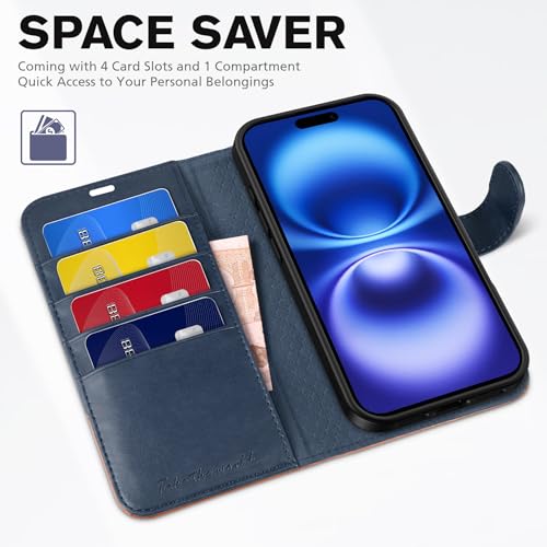 TUCCH Wallet Case for iPhone 16 (6.1") 2024, 4 Card Holders, Blue & Brown | RFID Blocking, Viewing Stand, Shockproof TPU Shell, PU Leather, Magnetic Closure, Protective Folio Flip Cover - color: Two-tone Blue & Brown