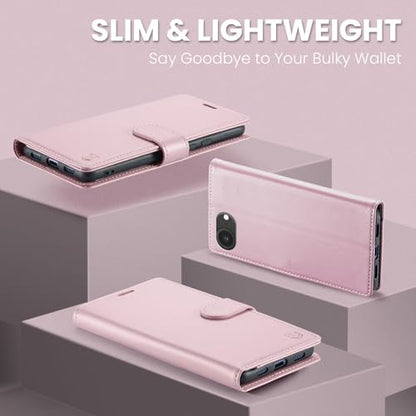 FLIPALM Wallet Case for iPhone 16e, Pink | Card Holder, RFID Blocking, PU Leather Folio Flip, Kickstand, Protective Shockproof Cover - color: Pink