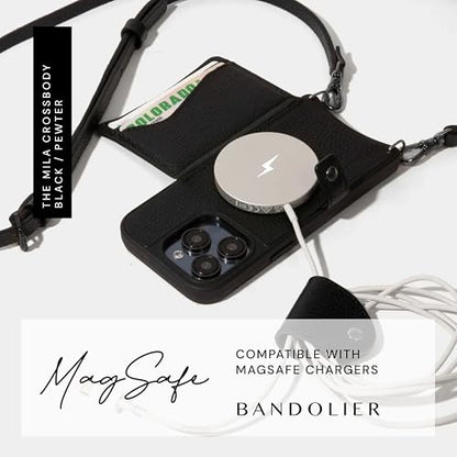 Bandolier Mila Leather Crossbody MagSafe Phone Case iPhone 15 Pro- Black/P | Crossbody leather phone case. Built-in card-holder. Adjustable & removable strap. MagSafe Design. Phone drop protection. - color: Black/Pewter, size: iPhone 15 Pro