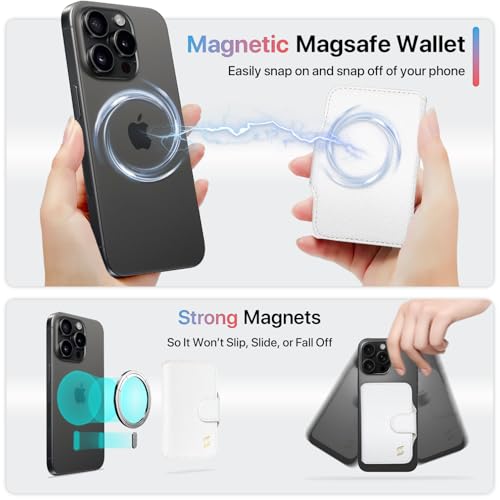 Magnetic Phone Wallet Card Holder for Magsafe Wallet for iPhone 17/16/15/14/13/12 Series, RFID Blocking, 5 Slots Fit 7 Cards, ID Window, Luxury Leather Mag Safe Wallet for Women Men, White - color: Pebbled White