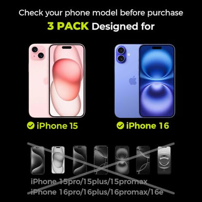 3-Pack Screen Protector for iPhone 16/15 with [Easy Pull] Installation Frame,9H Hardness Tempered Glass,Ultra Resistant, HD Clear, Bubble-Free, Case Friendly [Not for Pro/Plus Models] - size: iPhone 15/16 - 3 Pack
