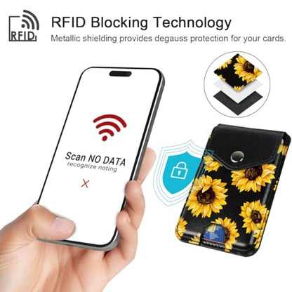 Self Adhesive Card Holders for Back of Phone, Cute Premium Leather RFID Phone Wallet Pockets with Snap, Slim Card Holders Sleeve for Phone Case, Sunflower - color: Sunflower