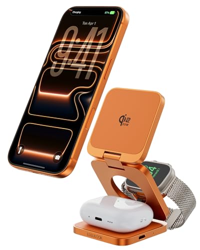 3 in 1 Charging Station for Apple - Qi2.2 25W Magnetic Wireless Charger for iPhone 18/17/16-12, Apple Watch, AirPods, Travel Fast Charging Foldable Stand with 45W GaN Adapter, Aluminum Alloy Design - color: Orange