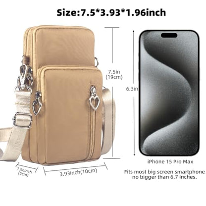 Small Crossbody Bag for Women, Multi Zip Pockets Nylon Wallet Purse Credit Card Holder with Detachable Hand Strap - color: Camel