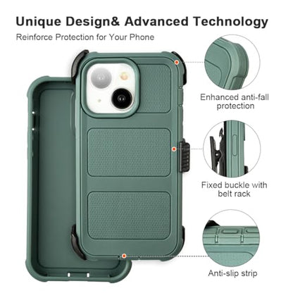 for Defender Case iPhone 13 Phone Case with Belt Clip Heavy Duty Dark Green | Protective iPhone 13 Cases Kickstand Rugged with 2 Layers of Sturdy, Shockproof Phone Cover for iPhone13 Case Black 6.1 inch - color: Dark Green