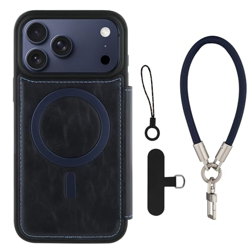 Wallet Phone Case Crafted for iPhone 17 Pro Blue | PU Leather Phone Case Flip Cover Wrist Strap Card Holder Slots - color: Blue-2, size: iPhone 17 Pro