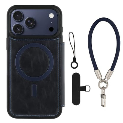 Wallet Phone Case Crafted for iPhone 17 Pro Blue | PU Leather Phone Case Flip Cover Wrist Strap Card Holder Slots - color: Blue-2, size: iPhone 17 Pro