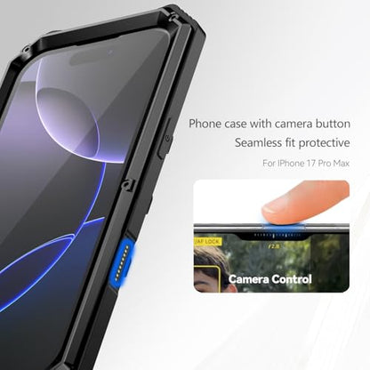 Simicoo Military Metal Heavy Duty Case Compatible with iPhone 17 Pro, Drop Protection Rugged Defender Metal Bumper Screws Phone Cover with Stand Gorilla Glass Camera Cover Full Body Dustproof Black - color: Black, size: iPhone 17 Pro
