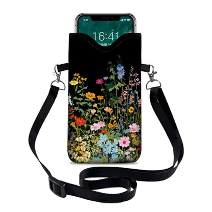 Neoprene Cell Phone Sleeve Pouch Case Bag with Crossbody Strap Neck Lanyard for Women 7.1 X 3.9 in Flowers Plants - color: Flowers Plants