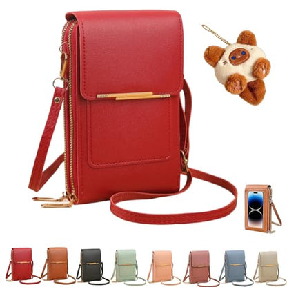 Women's Touch Screen Mobile Phone Messenger Bag,Anti-Theft Mobile Leather Bag,Leather Waterproof Crossbody Wallet Purse - color: Red