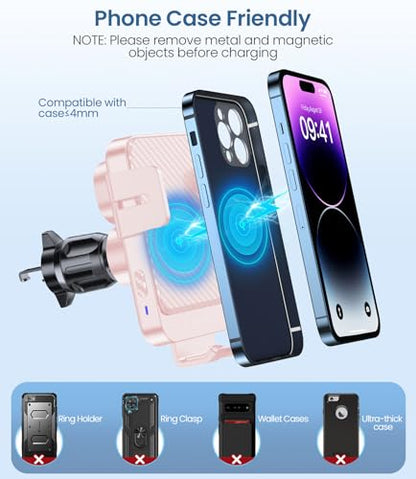 Wireless Car Charger 15W Fast Charging Dash Windshield Vent Car Mount - color: Light pink